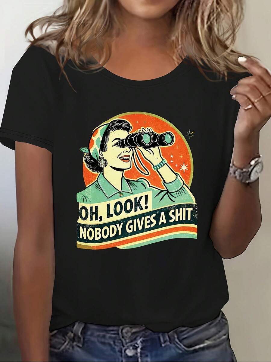 Camiseta con estampado gráfico, top casual de manga corta y cuello redondo para verano y primavera, ropa de mujer - Negro - Ver 1