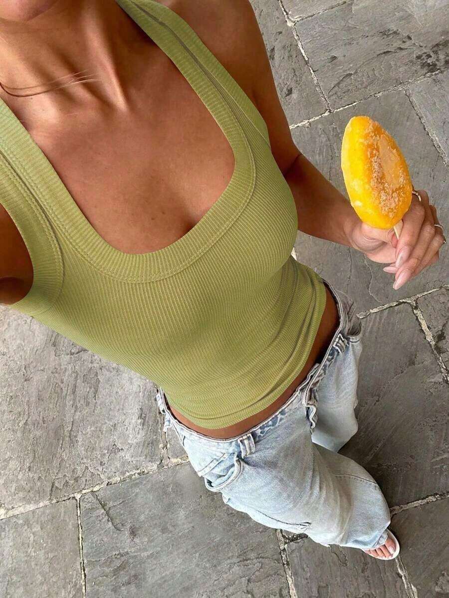 Camiseta de tirantes de mujer Floreya con cuello cuadrado, top corto casual de ajuste ceñido sin mangas, versátil para usar por sí solo o en capas, estilo minimalista francés, apto para todas las estaciones, verano - Aguacate verde - Ver 1