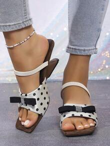 Black & White Polka Dot Bow Rhinestone Decor Asymmetric Heel Elegant Sandals, Square Toe Slip-On Heeled Mules, Versatile For Summer Work And Date, Comfortable High Heels - White - View 3