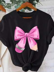 Women's Colorful Print Heart Bow Top - Round Neck, Loose Fit Graphic Top Cute Daily Teacher Outfit Comfortable Washing Machine All Season Special Edition Gift Sport Shirt Blouse Long Versatile Layering Piece, Basic Seasonal Wardrobe Soft Woven Breathable Material Fashionable Printed Feminine Women's Casual T-Shirt With Fun Print, Regular Fit, Round Neck, Short Sleeve, Spring-Summer, Ideal For Daily Wear, Fashion Category. - 黑色粉底粉 - 查看 8