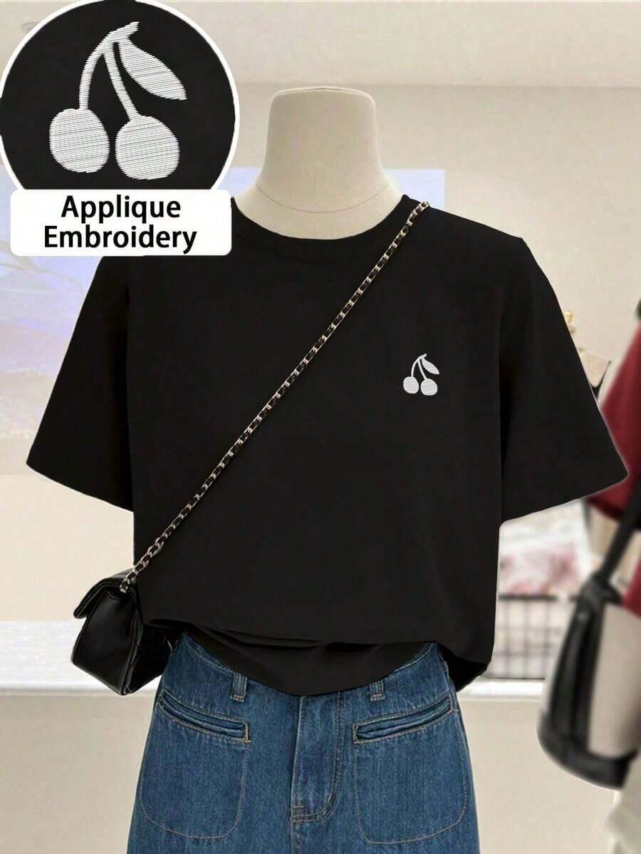 Camiseta de mujer con cuello redondo y estampado bordado de caballero - Blusa casual de cuello redondo - Camiseta ligera adecuada para todas las estacionesPure-Cotton - Negro - Ver 1