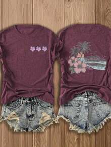 Camiseta con Estampado de Doble Cara "Paraíso Tropical" |   Diseño Exótico de Flores y Palmeras para Amantes de la Playa |   Ropa de Verano y Vacaciones en Mezcla de Algodón Suave - Burdeos - Ver 1