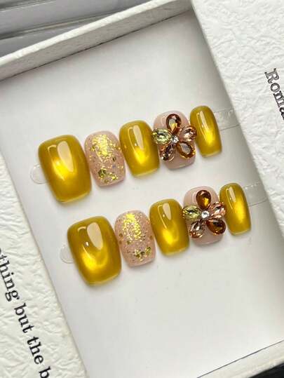 10pcs Handmade Nails Square Nails Acrylic Press On Nails Short, Minimalism Yellow Nails, Flashy Cateye, Glitter Powder, Nail Gems Large Flower Diamond Inlaid, Simple Elegant Luxury Spring Nails, Summer Press On Nails, Versatile Nails DIY False Nail Art Party Daily & Dating Use Beach Tropical Getaway Suitable Reusable, For Women & Girls As Gift Nail Supplies