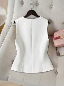 Top corto con cuello en V para mujer, estilo retro ajustado a la cintura, elegante de alta gama, para verano - Blanco - Ver 2