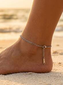 Elegante tobillera de cadena cubana de acero inoxidable en miniatura plateada, joyería minimalista para el pie en vacaciones de playa - Plateado - Ver 1