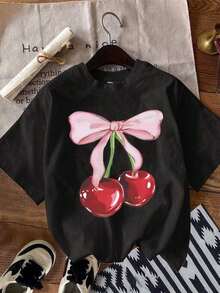 camisetas de manga Prenda individual, no un conjunto de 3 piezas, 1 piezas/set de camisetas de manga suitable for streetwear, Top oversized cuello redondo daily outings, camping, concerts, hip-hop, rock, and rap events corta de ajuste ceñido con estampado de cereza en estilo minimalista casual, adecuadas para el verano - Negro - Ver 2