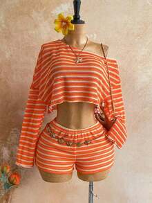 Casual 2-Piece Set Consisting Of A Cropped Top With An Irregular Neckline And Lettuce Hem, And Shorts, In A Solid Color, For Vacation, Spring/Summer - Multicolor 12 - View 1