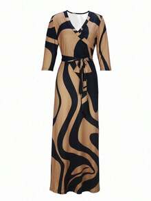 2026 Vestido azul ligero de mujer con cuello en V y cintura ceñida, elegante para primavera/verano - Café integral 2 - Ver 2