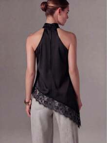 Top de tirantes negro para mujer, bajo asimétrico, diseño sin espalda, con ribete de encaje en contraste, longitud regular para verano - Negro - Ver 2