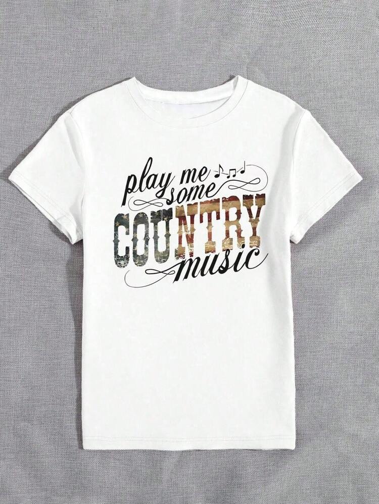 Camiseta estampada de para mujer, estilo festival de música country, con estampado de letras, cuello redondo, manga corta, informal, con gráficos de música country, camisetas para mujer, amigos-180g y 100% algodón (S-3XL, Envío local) - Blanco - Añade 2