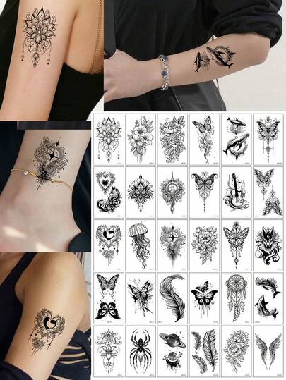 30 Sheets Black Butterfly Temporary Tattoos, For Women Waterproof Tattoo Stickers,Suitable For Arm Body Realistic Fake Tattoo