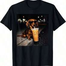 Camiseta de Humor con un Divertido Dachshund Bebiendo Café Helado - Negro - Ver 6