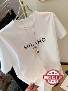Women's 100% Oversized T-Shirt With Milan Letter Print - Short Sleeve, Crew Neck, Casual Loose Fit, Breathable For Layering, Pajamas And Casual Outfits, Ribbed Trim (Compatible With Milan Letter Print) - Machine Washable - 白色 - 查看 1