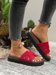 New Fashion Buckle Open Toe Platform Slippers, Comfortable Versatile Dirt-Resistant Beach Sandals Suitable For Daily Wear - Red - View 9