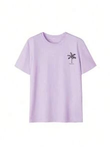 Women's Short-Sleeved T-Shirt With A Round Neck And Palm Print, A Casual And Modern Style, Your Everyday Essential. Printed T-Shirt, Women's Tops, Summer Vacation - 紫色 - 查看 4