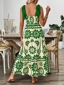 Vestido largo de verano con estampado vintage, hombros con cordones, corte en la cintura para vacaciones y playa para mujeres - Multicolor 2 - Ver 10