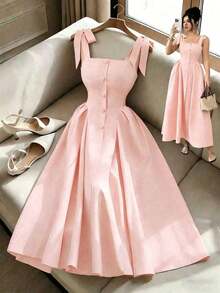 Nuevo vestido largo elegante y versátil para mujeres con textura de tiras y tejido bicolor ajustado para uso diario - Rosa - Ver 1