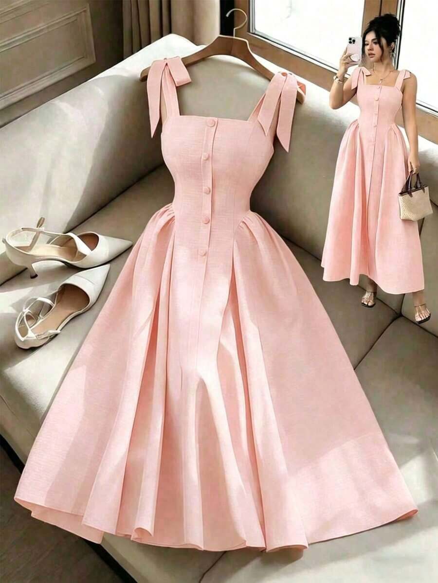 Nuevo vestido largo elegante y versátil para mujeres con textura de tiras y tejido bicolor ajustado para uso diario - Rosa - Ver 1
