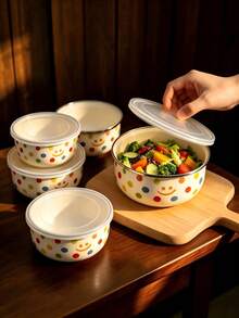 5PCS Enamel Multi-Function Bowl Set, Suitable For Vegetables, Fruits, Salads, Oatmeal Preparation, Suitable For Home Kitchen, Outdoor Camping, Can Be Put In Refrigerator As Fresh-Keeping Bowl, Stackable Storage Bowl With Lid, Back To School Gift - Retro Multi-colored Bowl - View 11