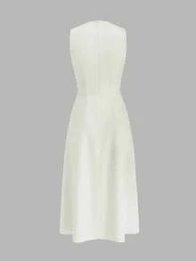 Vestido de algodón sin mangas de longitud media color caqui para mujer - Elegante, minimalista, elegante, adecuado para el transporte diario en verano - Albaricoque - Ver 3