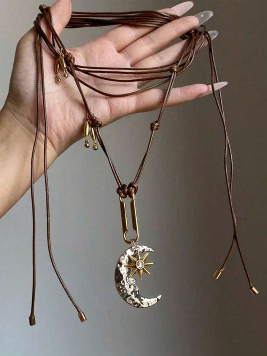1件星月流苏几何吊坠项链，金色金属皮革，优雅复古风格，适合派对和日常佩戴，新年礼物 - 彩色 - 查看 1