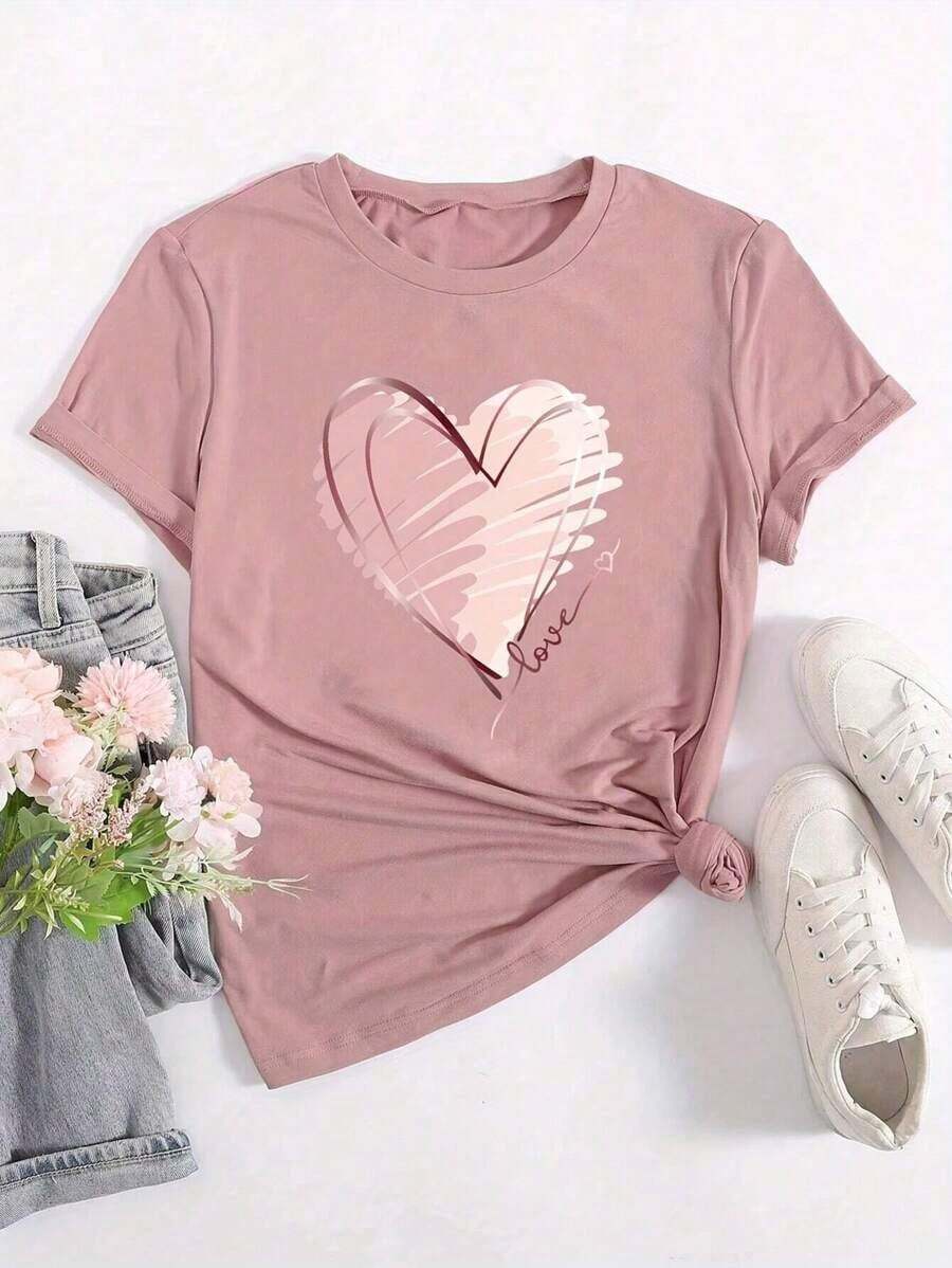 Camiseta gráfica de mujer de manga corta con cuello redondo, de moda con estampado de corazón, para uso diario casual - Rosa Pálido - Ver 1
