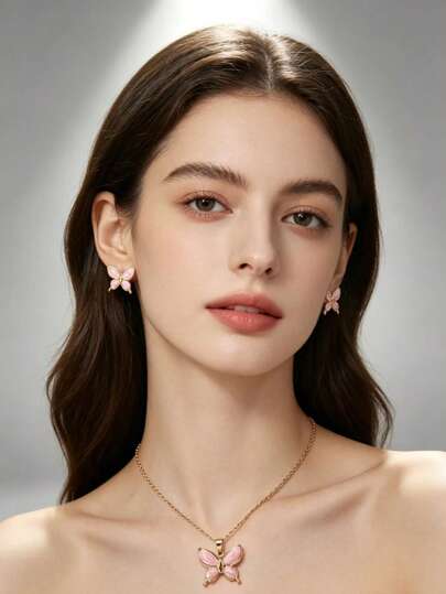  Cute Pink Enamel Butterfly Jewelry Set, Gold Plated Stainless Steel Necklace & Earrings, Sweet Girly Aesthetic, Perfect For Daily Wear & Gift For Butterfly Lover