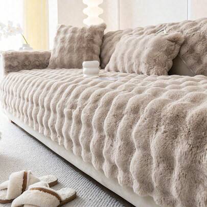 1pc Faux Rabbit Fur Sofa Cover, Warm & Thick Plush Pet-Friendly Anti-Slip Sofa Protector For Bedroom, Office, Living Room Furniture, Home Decor, Winter
