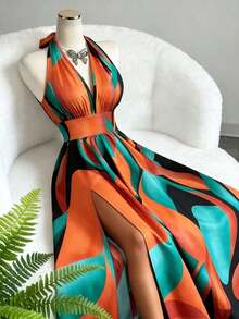 aElenzga Nuevo vestido maxi de diseño elegante y de estilo francés con cuello en V, halter, cintura expuesta, espalda descubierta, corte evasé y abertura, sin mangas, con estampado floral rojo y verde, de alta calidad y sofisticado para mujeres - Multicolor - Ver 3