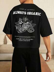 Camiseta informal de manga corta suelta con estampado de eslogan y granada para hombre de verano - Blanco y Negro - Ver 1