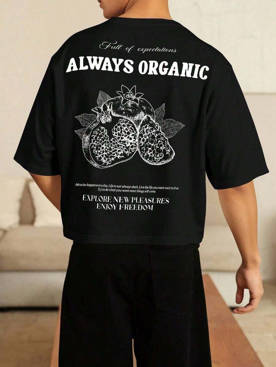Camiseta informal de manga corta suelta con estampado de eslogan y granada para hombre de verano - Blanco y Negro - Ver 1