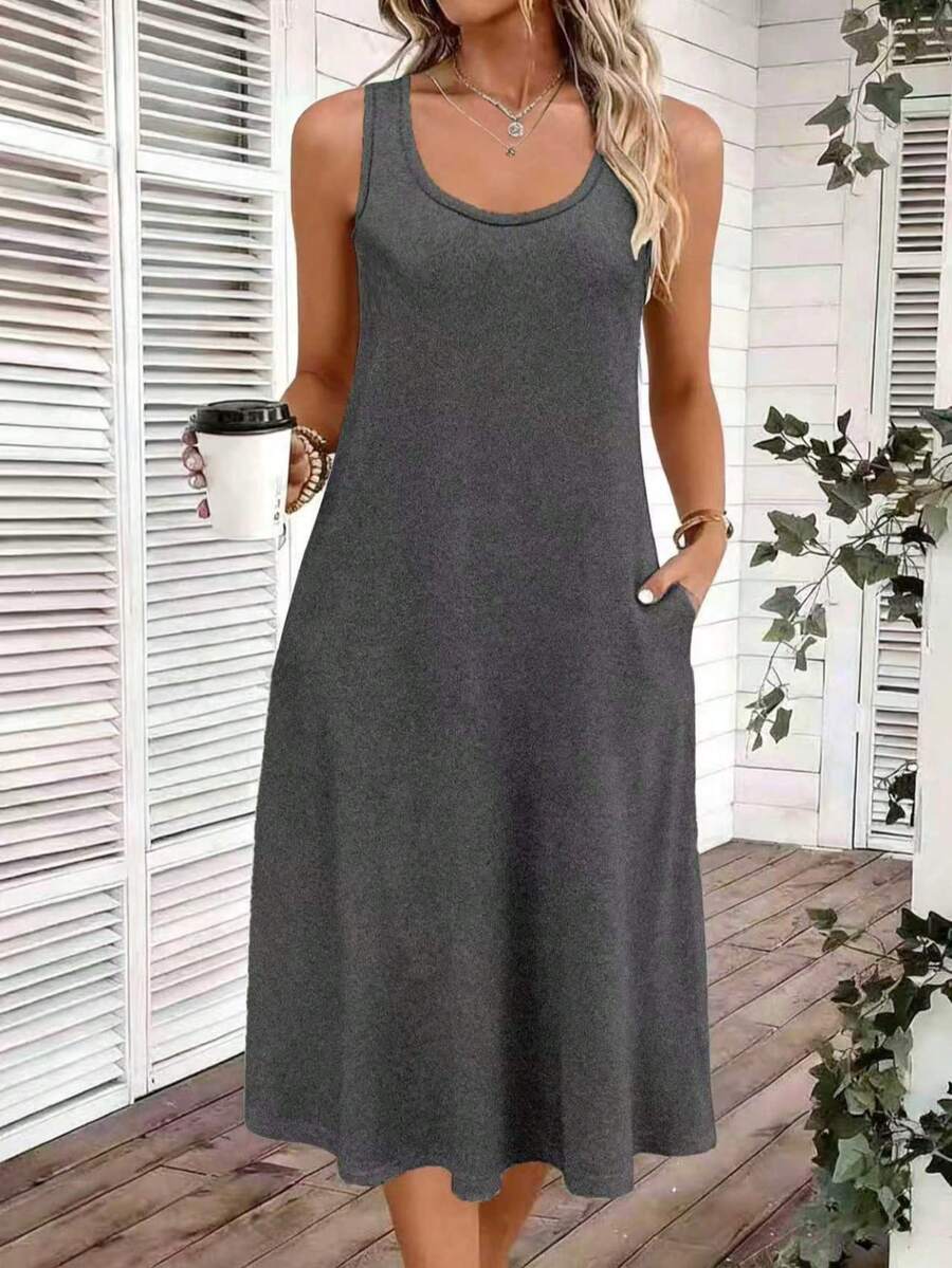 Vestido casual sin mangas de cuello redondo para mujer talla grande, nuevo lanzamiento de primavera/verano/otoño elegante - Gris Oscuro - Ver 1