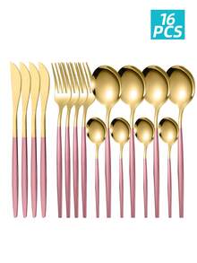 Juego de 16 piezas de cubiertos minimalistas de acero inoxidable de dos tonos aptos para lavavajillas - - - Ver 1