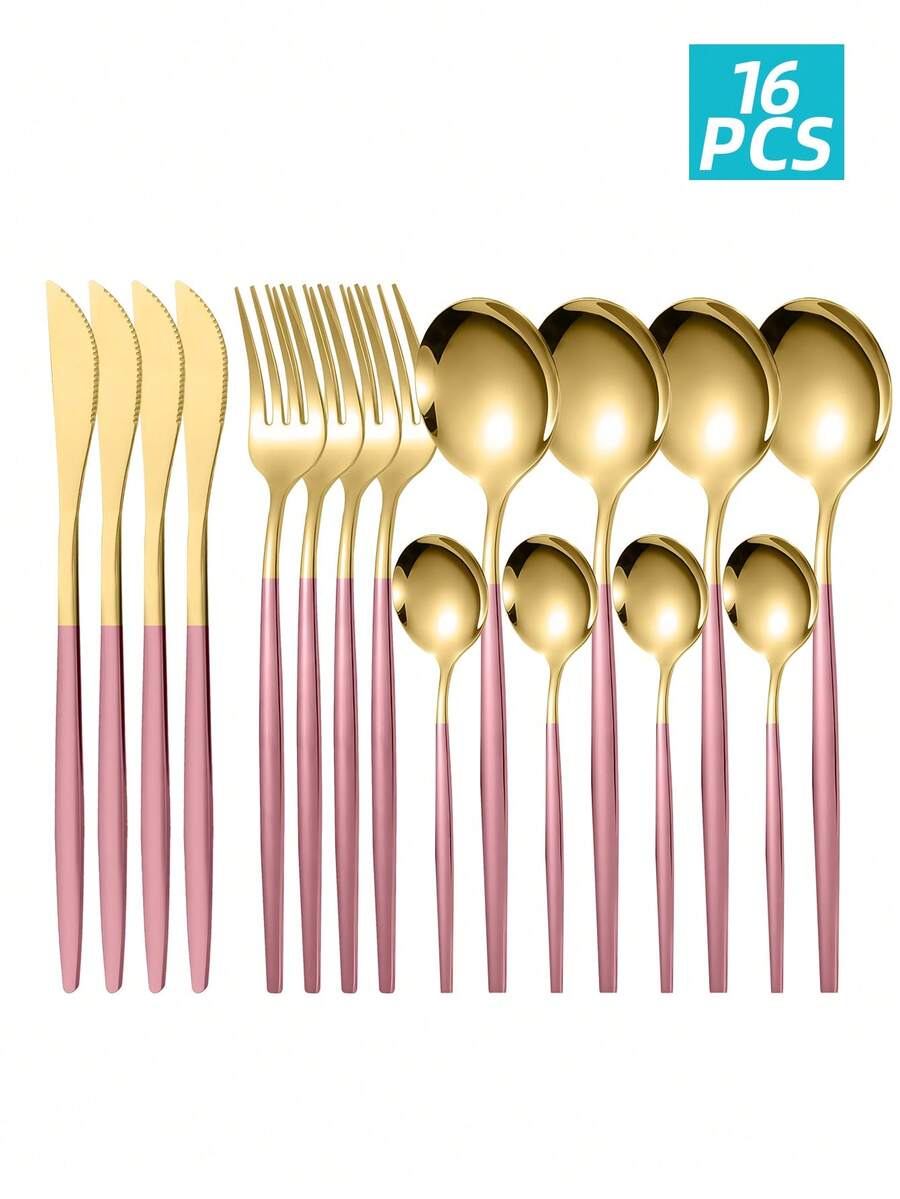 Juego de 16 piezas de cubiertos minimalistas de acero inoxidable de dos tonos aptos para lavavajillas - - - Ver 1