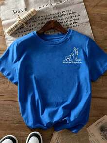 Premium |   1 Playera para Mujer 100% Algodón Transpirable |   Camiseta de manga corta para mujer con estampado religioso - Jesús y el Cordero del Pastor con la frase "Dejó los 99 para encontrarme" (Mateo 18:12-14), cuello redondo, estilo casual para iglesia, atuendo informal y ropa religiosa - Ideal para el verano. Ecológico - Azul - Ver 3