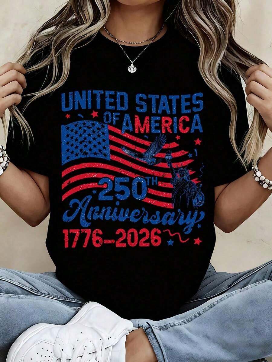 Patriotic T-Shirt Commemorating The 250th Anniversary Of The Independence Of The United States Of America 1776-2026, Featuring The American Flag And The Statue Of Liberty For Independence Day Celebrations - 黑色 - 查看 1