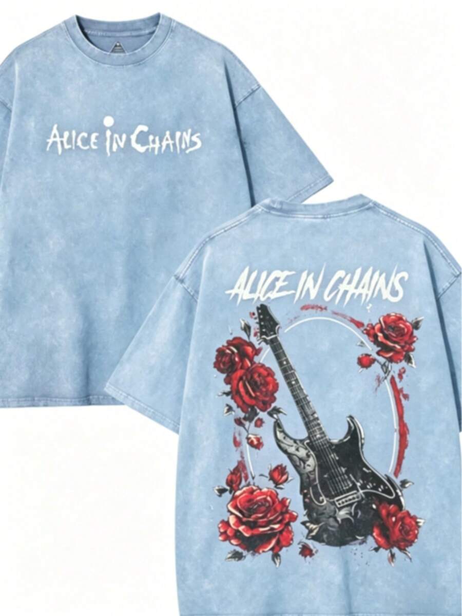 Alice In Chains Band T Shirts Washed Tee, Vintage Clothing Rock Concert Outfits, Oversize Streetwear Heavy Cotton Top, Unisex Alternative Metal Concert Grunge Clothest Shirt For Men - màu xanh nhạt - Xem 1
