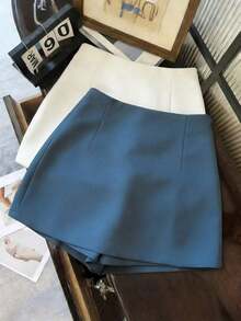 Pantalones cortos/falda/culotte/shorts de mujer de tela suave y texturizada de cintura alta con abertura, de estilo casual y versátil para uso diario, primavera/otoño - Azul - Ver 2