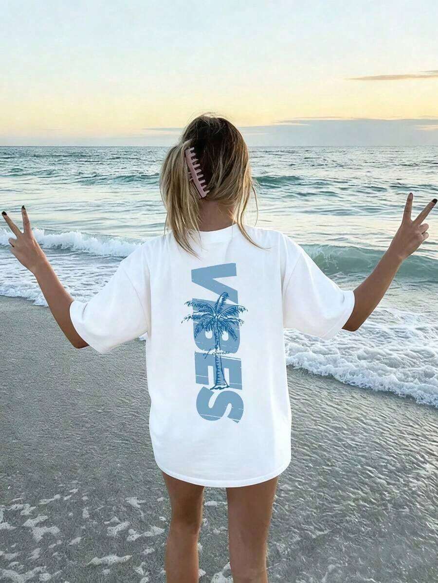Niche Design: This Minimalist Women's Summer T-Shirt, Featuring A Palm Tree Print And Slogan, A Crew Neck, And Short Sleeves, Is Versatile And Suitable For Everyday Wear And Leisure Days. Printed T-Shirt, Women's, White, Black, Pink, 100% Cotton - 白色 2 - 查看 1