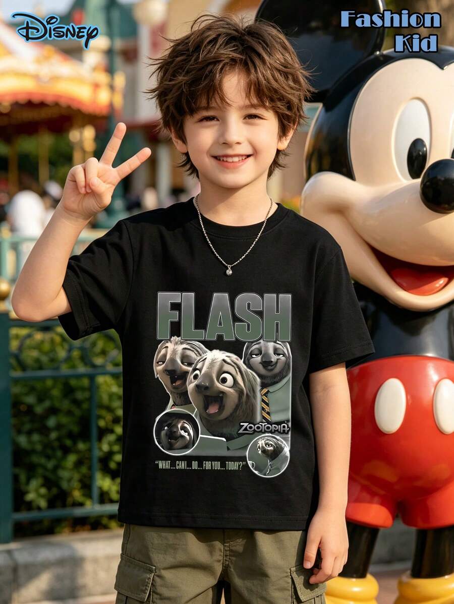 Boy's T-Shirt, Disney Zootopia "Flash" Graphic T-Shirt,Disney Shirt, Disney Birthday Gift- Short Sleeved Round Neck Casual Top, Breathable And Lightweight Children's Streetwear - Perfect For Sports, Going To School, Daily Attire; Funny Sloth Zootopia Shirt, Disneyland Trip Disney Shirt,180g Pure Cotton Children's Clothing,Casual Daily Tops - màu đen - Xem 1