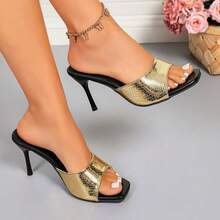 Women's Metal Snake Skin Stiletto Sandals, Square Toe Elegant Party High Heels - Gold - View 1