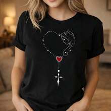 Camiseta Unisex de Algodón Puro para Mujer con Diseño Religioso del Rosario del Corazón de la Virgen María, Camiseta Espiritual Cristiana Negra para Hombres y Mujeres, ¡! Camiseta estampada de manga corta, casual y elegante para mujer. - Negro - Ver 7