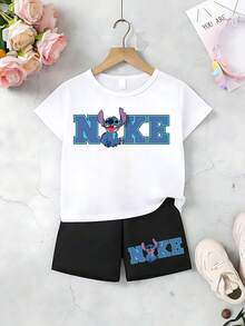 Disney Collaboration,Teen Girl Clothes Summer,Stitch -Style Two-Piece Set: T-Shirt And Shorts-Available In Kids' Summer Sets,Mother Gifts, 4th Of July,Disney Alliance - 白色 - 查看 2