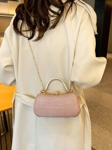 时尚迷你闪亮金属链亮片/闪光便携金色女士晚宴包，优雅婚礼斜挎包 - 粉色 - 查看 6