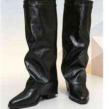 FEIAONI Black Pointed Toe Pleated Thigh High Boots, Soft Leather, Slim Fit Riding Boots For Spring & Autumn - Black - View 6