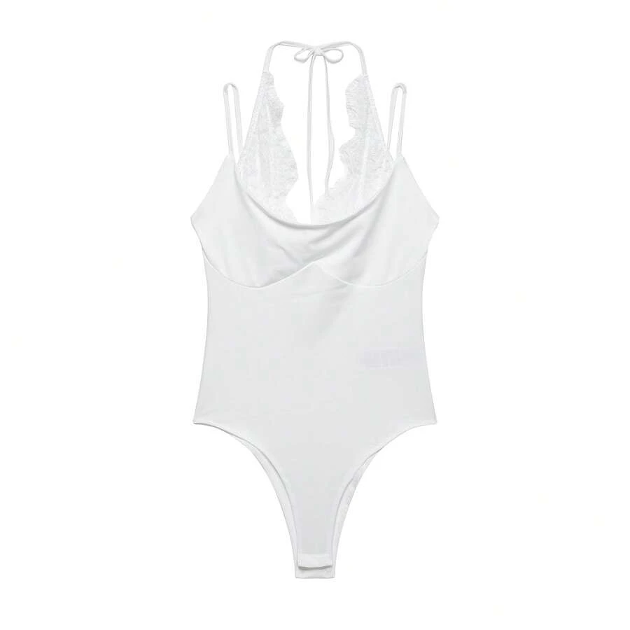 THREADLY Pakaian Dalam Wanita Terbaru Gaya Eropa & Amerika Modis Seksi Kontras Renda Leher Halter Bodysuit - Putih - View 1