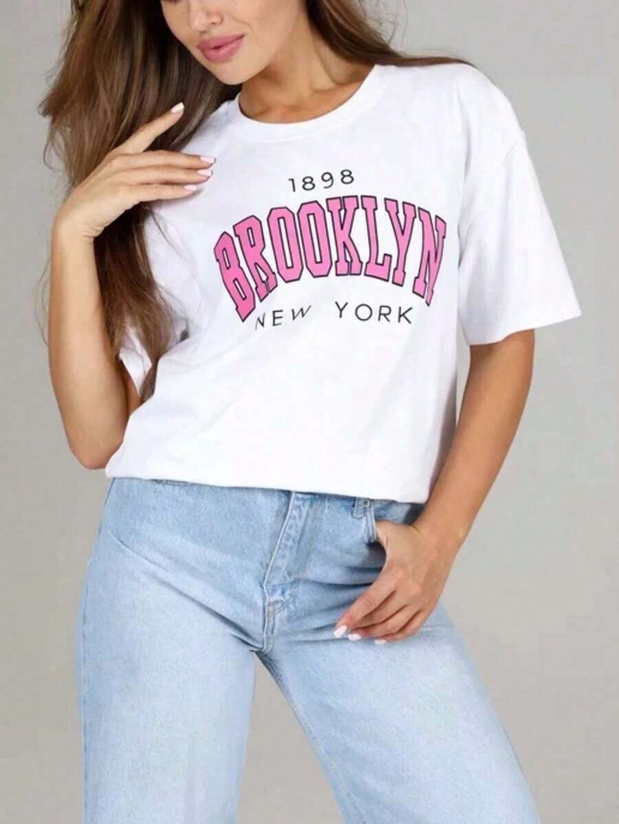 New Women's T-Shirt 2025 Autumn-Winter, Short Sleeve With Round Neck, 100% Cotton, Loose Fit, Casual And Versatile Style With Modern Print, Ideal As A Basic Garment. - 白色 - 查看 1