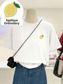 Camiseta de Mujer  con Cuello Redondo y Estampado de Bordado de Caballero - Top Casual de Cuello Redondo - Camiseta Ligera Adecuada para Todas las Temporadas - Blanco - Ver 9