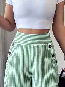 Nuevos pantalones de estilo coreano de primavera/verano, minimalistas y elegantes, de lino a rayas azul y blanco, de cintura alta, estilizadores, de pierna recta y sueltos, informales para mujer - Verde - Ver 7