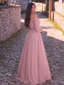 Faeriesty Vestido de cintura alta con hombros descubiertos y abertura, elegante vestido de dama de honor para boda de primavera - Rosa vieja - Ver 2